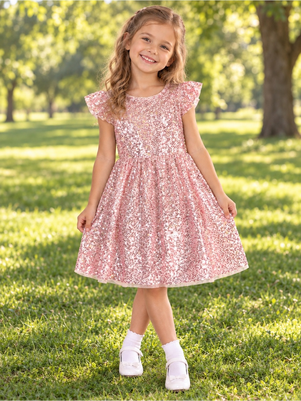 H&M Pink Sequin Flutter Sleeve Dress